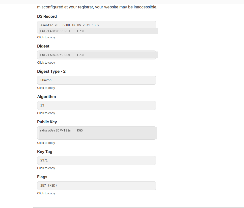 Registro DS completo generado por Cloudflare con los campos Key Tag, Algorithm, Digest Type y Digest